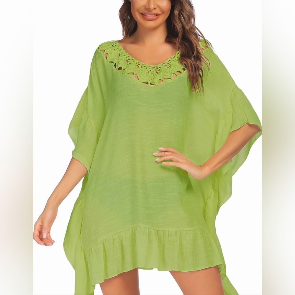 Ekouaer lime green crochet neck beach cover up